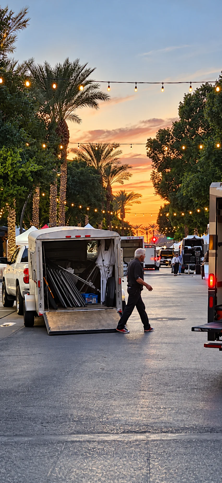 Vehicles, an open trailer and festival tents along a palm-lined street at sunset