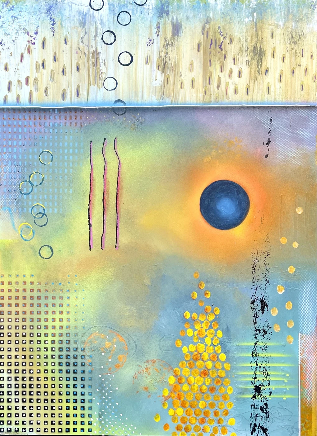 Abstract painting with blue, yellow and orange fields, circles and textured marks by Stephen Schubert